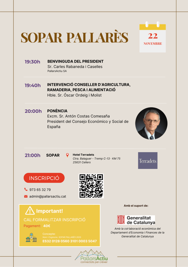 Pallars Actiu organitza el Sopar Pallarès 2025 amb la participació del Conseller d’Agricultura i del president del CES, Antón Costas
